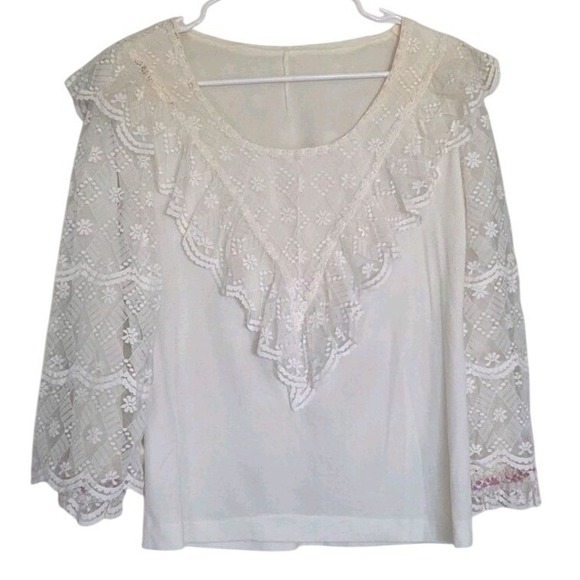 The Unbranded Brand Tops - Vintage Victorian Lace Blouse White‎ Ruffle V-Yoke Boho Coquette Romantic Sz Med